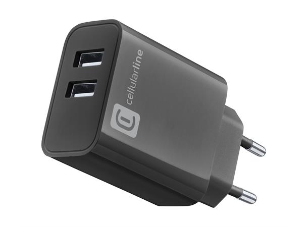 Charger 2Usb 12W +12W Black 220 V lader med to uttak 12W+12W